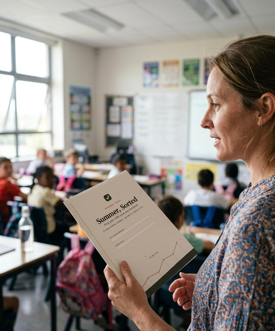 Teacher holding a workbook titled 'Summer Sorted' in a classroom with students.